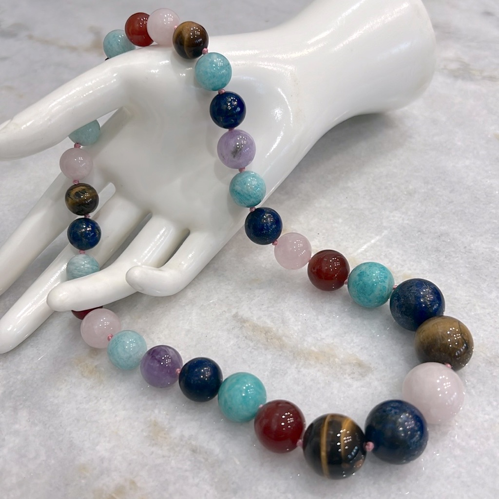 Multigemstone Graduating Beaded Sterling Silver Magnetic Clasp 18” Necklace